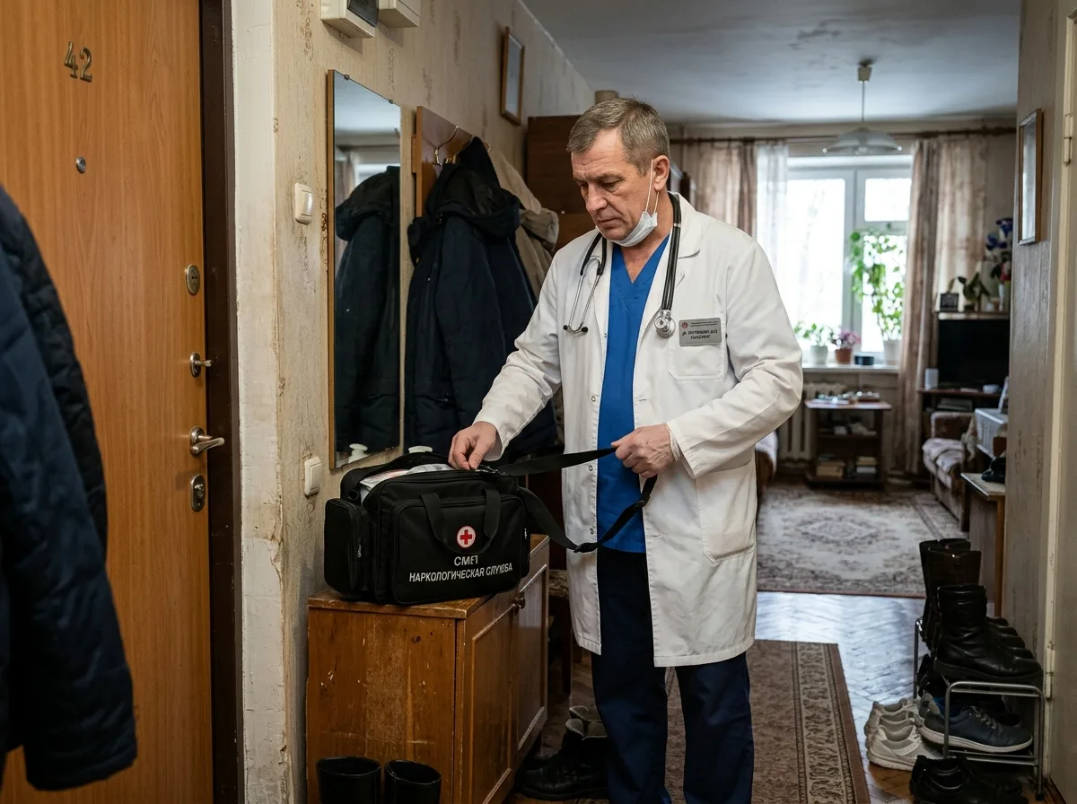 Нарколог в белом халате с медицинским чемоданчиком готовится к выезду на вызов — московская квартира, дневное освещение