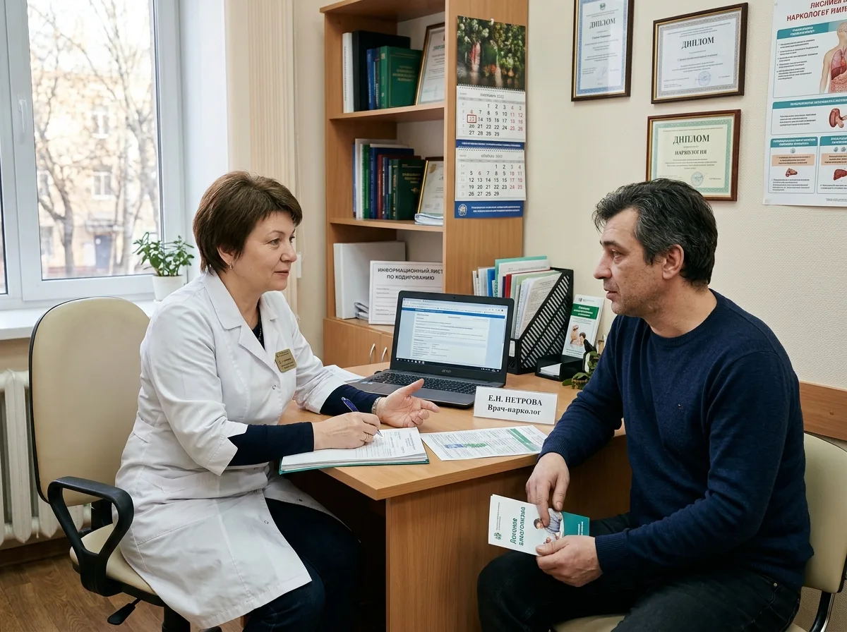 Врач-нарколог и пациент в медицинском кабинете, консультация по кодированию от алкоголизма, спокойная профессиональная обстановка