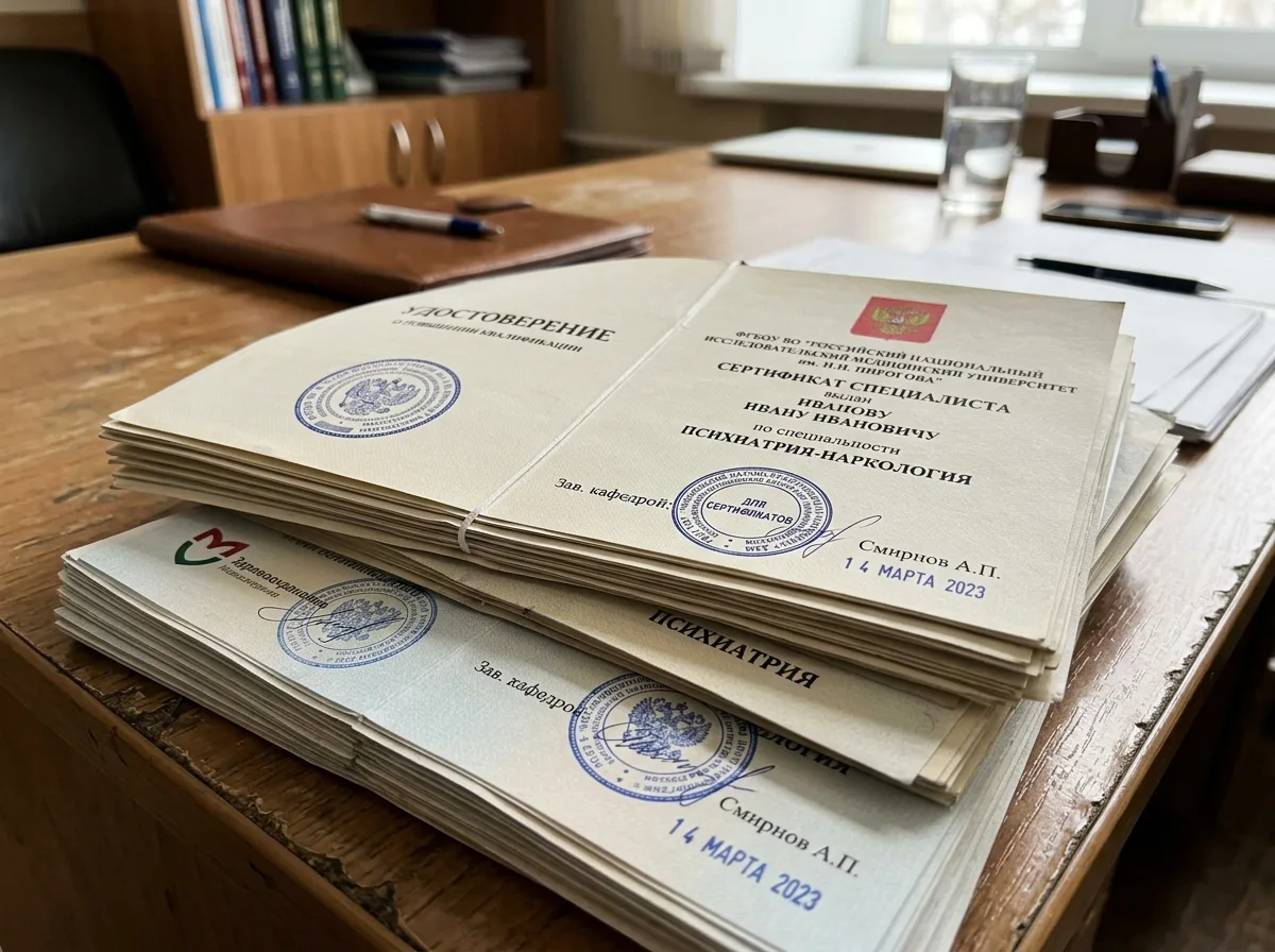 Сертификаты специалистов врачей-наркологов и психиатров, стопка документов с печатями медицинских учреждений