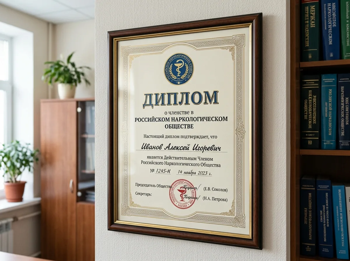 Диплом о членстве в Российском наркологическом обществе, красивый сертификат участника профессиональной медицинской организации